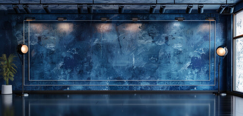 Obraz premium Panoramic mock up poster gallery with indigo wall, glossy floor, and modern spotlights.