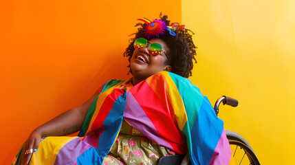 smiling happy african lgbtq woman american equality aid pride size with disabled in celebrating disability plus fashion rainbow lesbian candid wheelchair wearing flag differences mobility female - Powered by Adobe