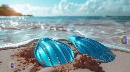 3D blue fins and swimming gear rest on a sandy beach, rendered in isolation