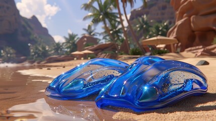 Obraz premium 3D blue fins and swimming gear stand out against the sandy beach backdrop in a rendered scene