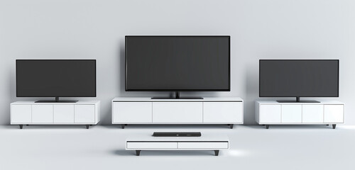 Sleek, blank modern TV stand in multiple camera angles, 3D rendered mockup. High-definition image.