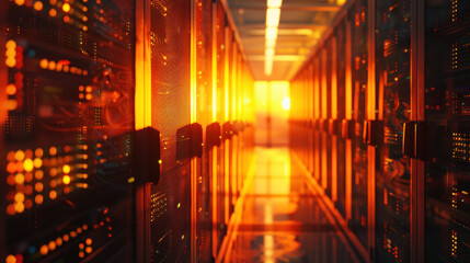 A server room bathed in the warm light of sunset streaming through a window.