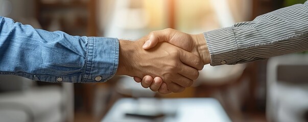 Close-up of two people shaking hands in a warm, sunlit room, symbolizing agreement, partnership,...