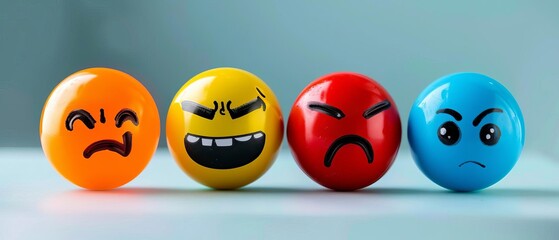 Fototapeta premium Colorful emoticons expressing different emotions of anger, happiness, sadness, and surprise lined up on a smooth surface.