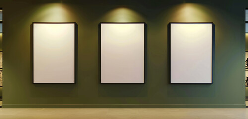 Chic gallery space with three large blank frames on an olive green wall, subtle illumination, 3D rendering