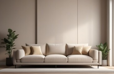 Fototapeta premium Minimalist interior style in beige shades of the living room with a sofa and flower pots on the edges near the window. Interior in pastel colors, template for photo