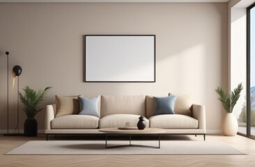 And the sofa pulls out and is located in the center of the room, with flower pots on the side and a photo frame on the wall. Interior in pastel colors, template for photo