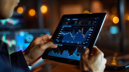 Person analyzing financial data on a digital tablet with charts and graphs in a modern office setting.