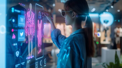 woman wearing glasses uses a holographic interface to interact with virtual and fashion items displayed on a digital screen, shopping experience at a futuristic retail store, ecommerce concept