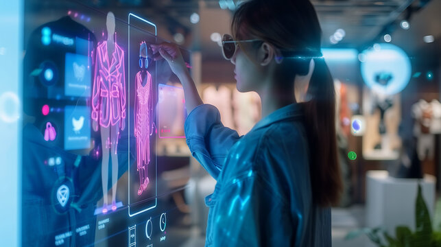 woman wearing glasses uses a holographic interface to interact with virtual and fashion items displayed on a digital screen, shopping experience at a futuristic retail store, ecommerce concept