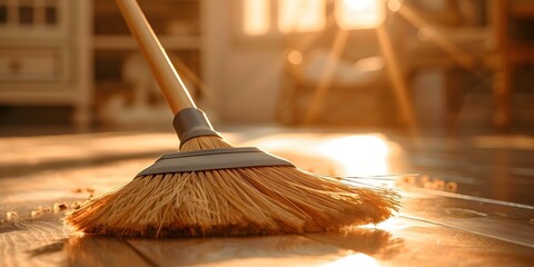 Sweeping the floor with a broom for a spotless home. Concept Housekeeping, Cleaning Tips, Tidying Up, Chore Strategies