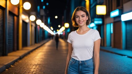 Fototapeta premium Young woman with short hair wearing white t-shirt and blue jeans standing in a city alley at night