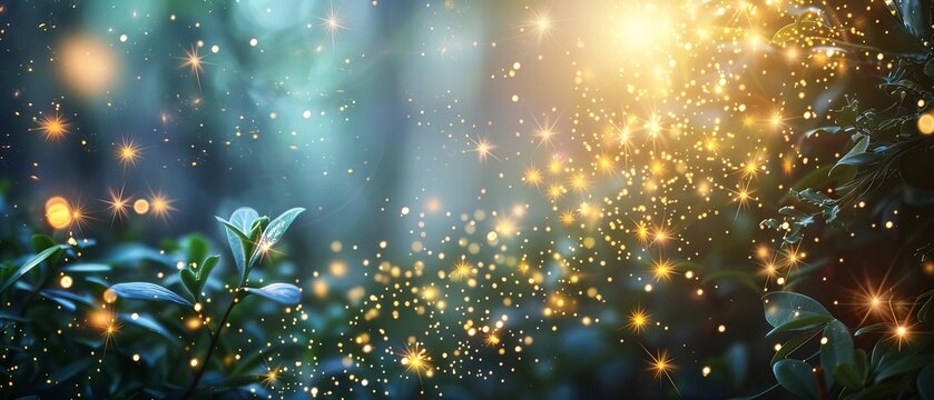 Enchanted forest glowing with fireflies and magic light, creating a mystical and serene ambiance for a fantasy landscape background.