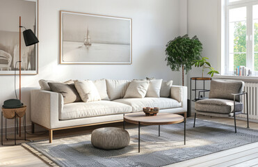 Modern living room white walls, white sofa set, wooden floor, plants. Created with Ai