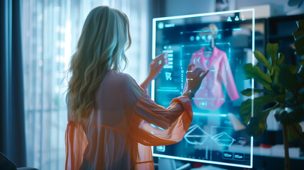 ecommerce concept, woman wearing a pink blouse is standing in front of a large glass panel with a holographic display,  futuristic shopping online 