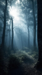 Obraz premium Mysterious Forest Shrouded In Fog With Ethereal Light And Enigmatic Atmosphere Ai Generated