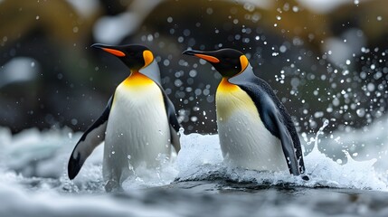 Fototapeta premium Adorable penguins playing joyfully in the sea water, showcasing their playful nature and cute antics.