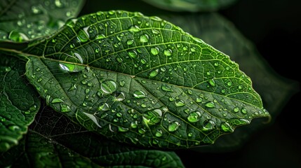 macro raindrops on leaf, vibrant green, detailed texture , vibrant color