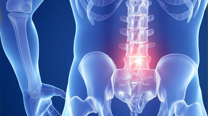 "腰痛の視覚表現: ルンバー領域での痛みと不快感を具現化したイメージ."