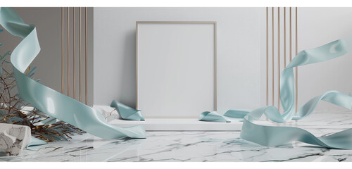 Ultra high definition 3D render of a minimalist room with a blank frame, azure ribbons, and a marble floor. Mockup.