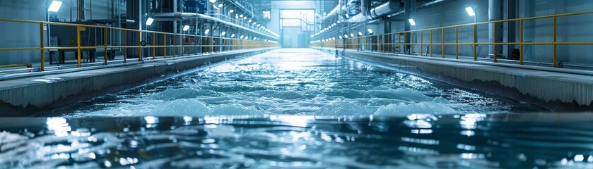 Modern industrial water treatment facility with bright overhead lights reflecting on smooth water surface and surrounding walkways.