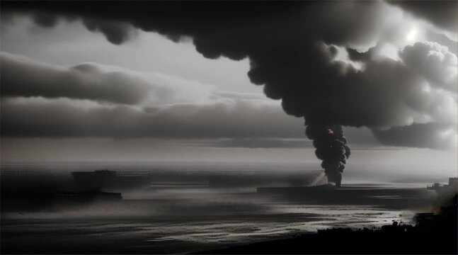3D illustration of a brutal war scene, destroyed city after war on the battlefield.