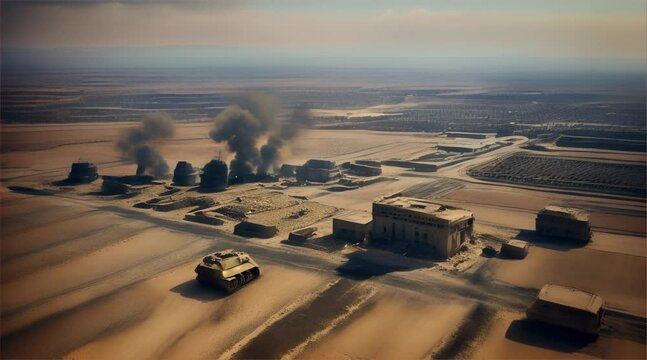 3D illustration of a brutal war scene, destroyed city after war on the battlefield.