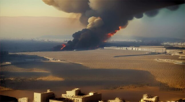 3D illustration of a brutal war scene, destroyed city after war on the battlefield.