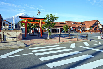 Way for crossing the road in front of Kawaguchiko Station  and Mt.Fuji in the Morning in Japan.