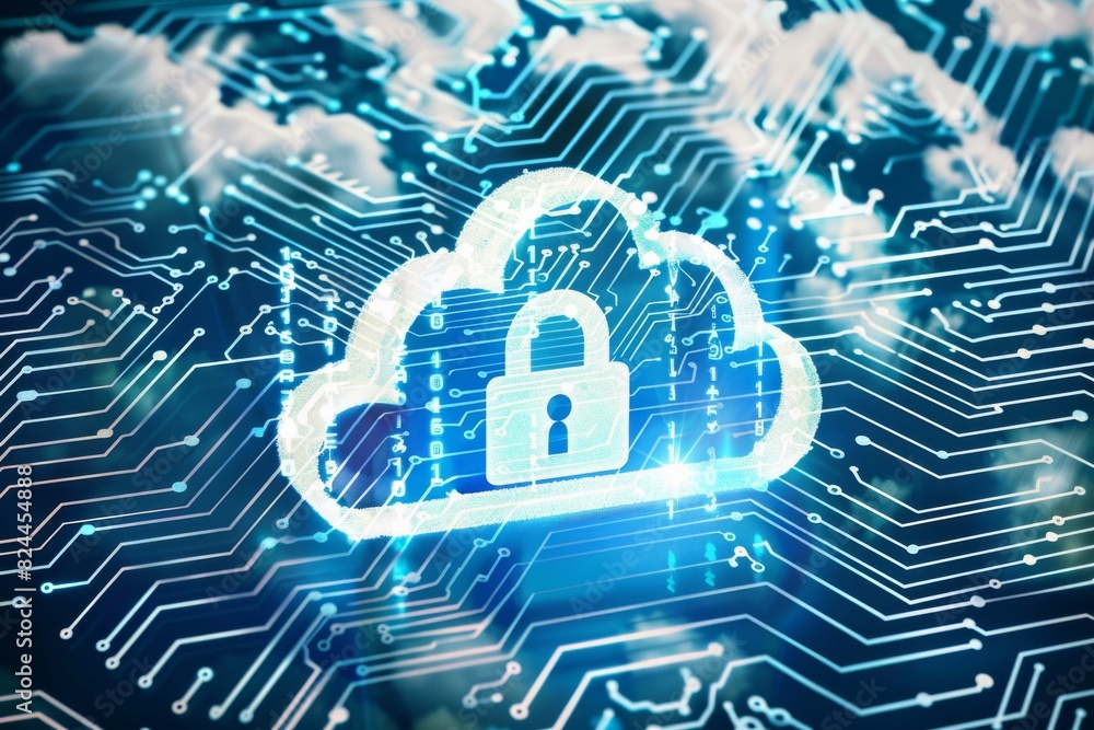 Poster modern cloud technology with glowing digital circuits and secure data protection systems.
