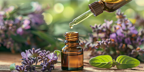 A dropper is dripping essential oil into a small bottle, with fresh lavender in the background