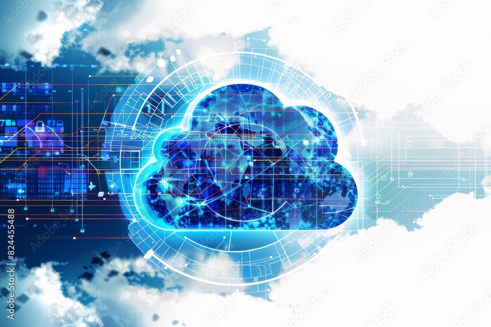 Poster innovative cloud computing with intricate digital networks and advanced data protection technology.