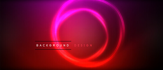 Neon glowing circle rays, light round lines in the dark, planet style neon wave lines. Energetic electric concept design for wallpaper, banner, background