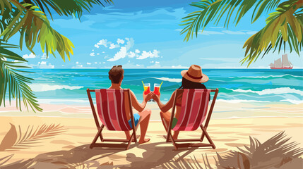 Man and woman sit in deck chairs on sandy beach
