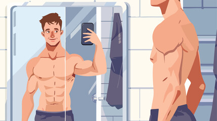 Man takes selfie with mobile phone in gym mirror. Young