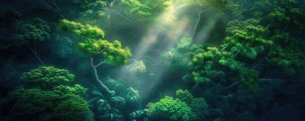 Fototapeta premium Sunlight filters through dense green forest canopy, creating a mystical and serene atmosphere in the lush jungle.
