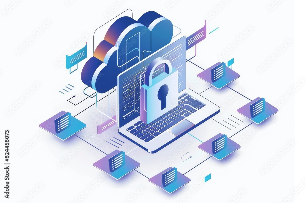 Poster modern cloud technology with secure digital systems and advanced data protection technology.