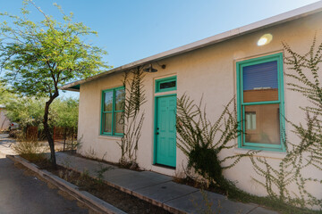 Front porch of Historic spanish mission styled home in Barrio Viejo, Tuscon, Arizona, United States of America.