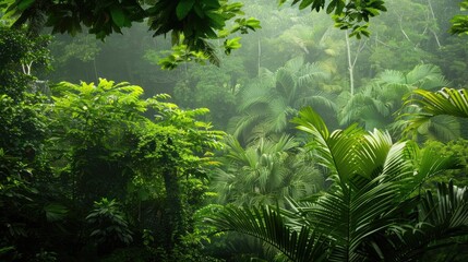 Lush tropical rainforest with dense greenery and abundant foliage, creating a serene and vibrant natural landscape.