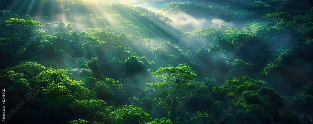 Poster lush green forest illuminated by sunlight filtering through the trees, creating a serene and mystica