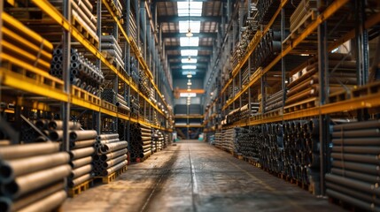 Obraz premium Industrial Warehouse with Steel Beams and Stacks of Metal Pipes of Various Sizes for Building Materials, Captured in a Wide-Angle, Photo-Realistic Style