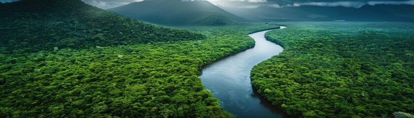 Aerial view of a winding river flowing through dense green rainforest with hills in the background under a cloudy sky.