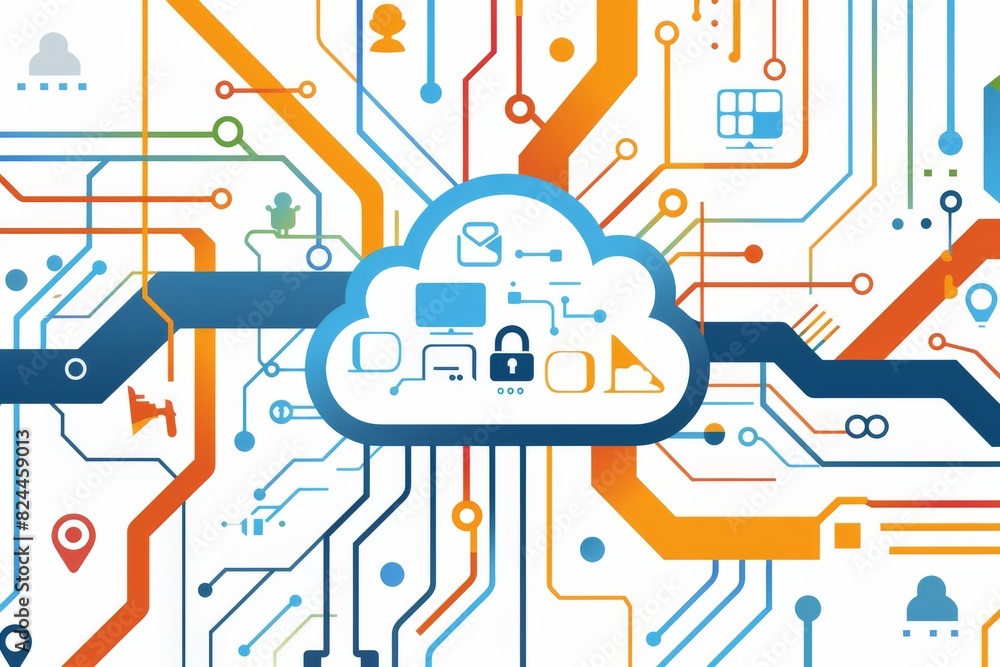 Poster modern cloud security with digital interfaces and advanced data protection technology.