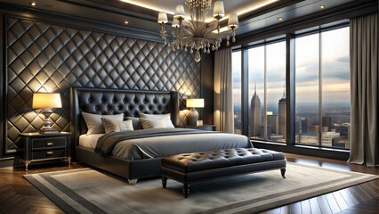 A stunning 3D render of a luxurious bedroom with a captivating Noir-inspired design. The space features a plush king-size bed with black linens, a tufted leather headboard, and a dimly lit chandelier 