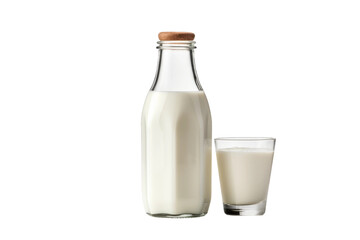The Milky Duo: A Bottle and Glass in Perfect Harmony on a White or Clear Surface PNG Transparent Background.