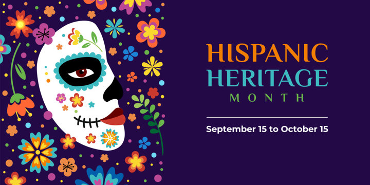 Hispanic heritage month. Vector web banner, poster, card for social media, networks. Greeting with national Hispanic heritage month text, floral pattern and Calavera mask on blue background.