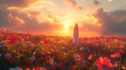 Nature Background, Spring Sunrise in a Flower Meadow: A picturesque meadow filled with blooming spring flowers, with the sun rising in the background, casting a soft, pastel light over the scene.