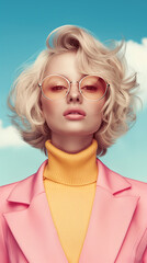 Portrait of a chic woman in pink blazer with sunglasses and wavy blonde hair on sky background. Pastel fashion concept.