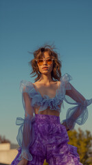 Fashionable woman in sheer ruffled top and purple pants posing outdoors. Fashion photography concept.