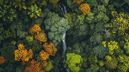Aerial view of lush rainforest with vibrant green, orange, and yellow foliage surrounding a serene waterfall during daytime.